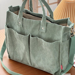 Autumn Winter Multi-Pocket Thick Corduroy Simple Commuter Tote Student Leisure Literary Handbag Shoulder Bag