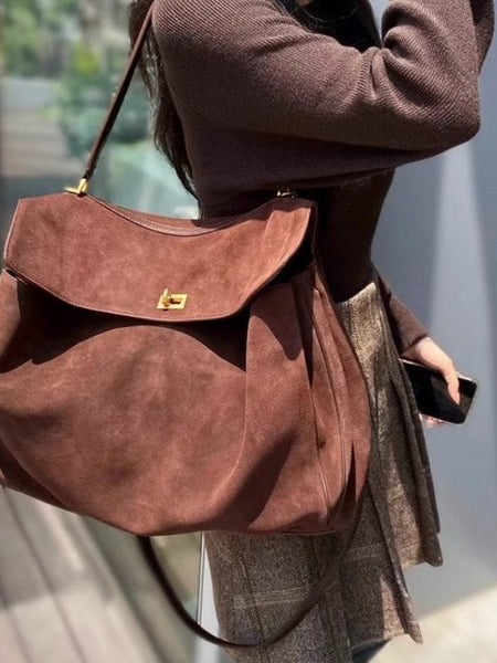 Vintage Autumn Winter Suede Matte Tote Bag, Elegant Shoulder Crossbody Kelly Bag for Women, Large Capacity Commuter Underarm Bag