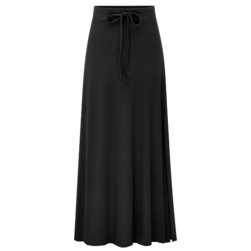 Large size women's fashionable knitted midi skirt weighing 200 pounds, high waist, mid length, slit A-line skirt, elastic over the knee