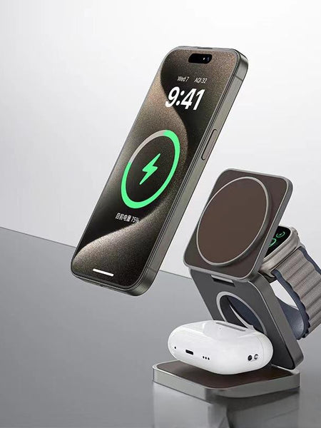 Three in one wireless charger with foldable magnetic suction suitable for iPhone wireless charging, phone holder desktop