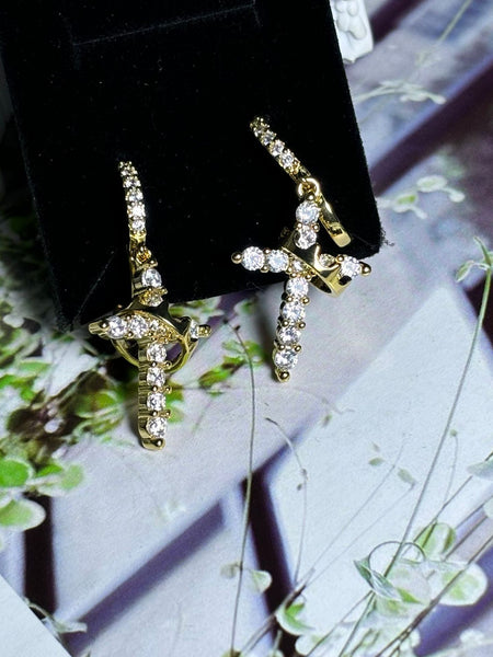 Rotating Crown Cross Earrings Set with Zircon