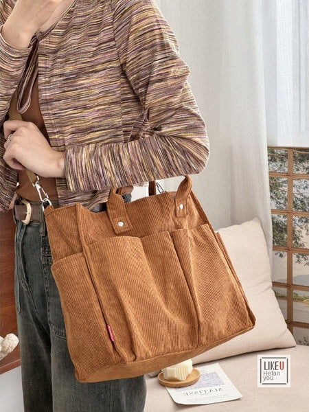 Autumn Winter Multi-Pocket Thick Corduroy Simple Commuter Tote Student Leisure Literary Handbag Shoulder Bag