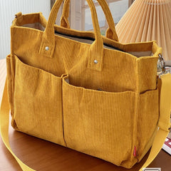 Autumn Winter Multi-Pocket Thick Corduroy Simple Commuter Tote Student Leisure Literary Handbag Shoulder Bag