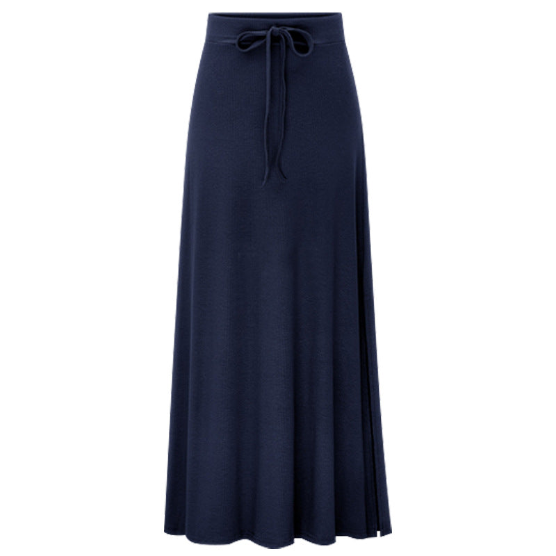 Large size women's fashionable knitted midi skirt weighing 200 pounds, high waist, mid length, slit A-line skirt, elastic over the knee