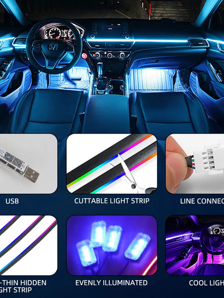 10 in 1 Car LED Acrylic Light Strip RGB Symphony Auto Interior Strip Lights Remote/APP Control Decorative Atmosphere Lamp