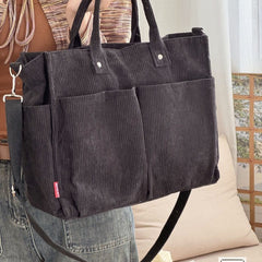 Autumn Winter Multi-Pocket Thick Corduroy Simple Commuter Tote Student Leisure Literary Handbag Shoulder Bag