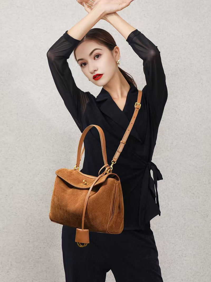 Vintage Suede Matte Kelly Bag — Elegant Shoulder, Crossbody & Underarm Tote for Women