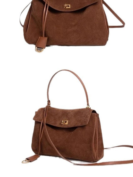 Vintage Autumn Winter Suede Matte Tote Bag, Elegant Shoulder Crossbody Kelly Bag for Women, Large Capacity Commuter Underarm Bag