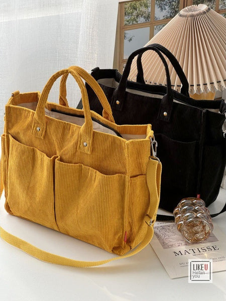Autumn Winter Multi-Pocket Thick Corduroy Simple Commuter Tote Student Leisure Literary Handbag Shoulder Bag