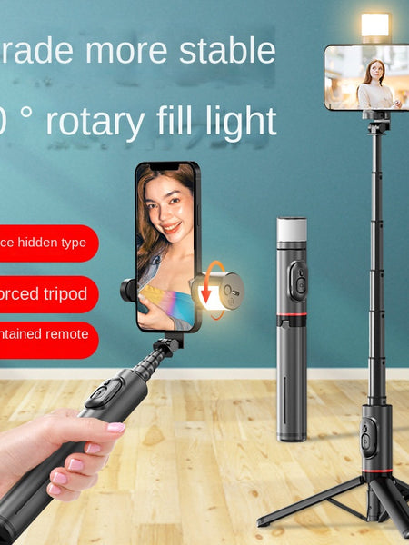 Mobile Phone Bluetooth Selfie Stick with Rotating Fill Light and Hidden Tripod Live Streaming Stand
