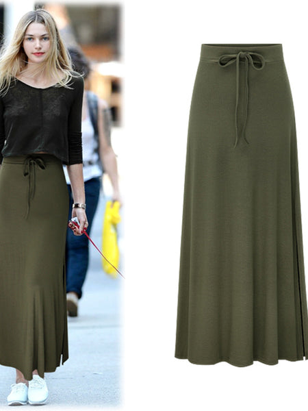 Large size women's fashionable knitted midi skirt weighing 200 pounds, high waist, mid length, slit A-line skirt, elastic over the knee