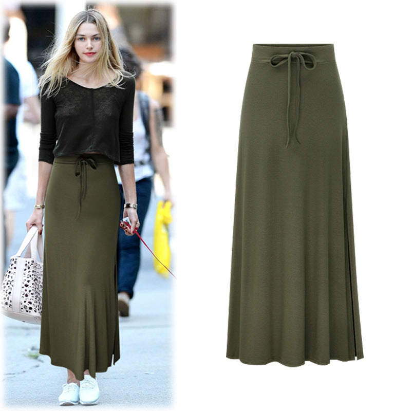 Large size women's fashionable knitted midi skirt weighing 200 pounds, high waist, mid length, slit A-line skirt, elastic over the knee