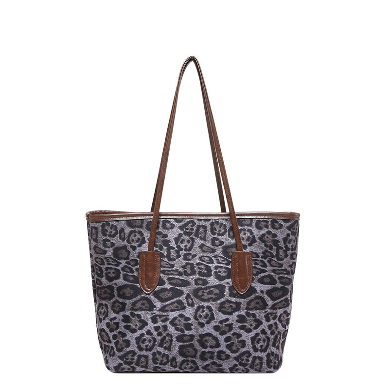 Women's Large-Capacity Fashion Shopping Tote – Leopard-Print PU Leather Shoulder & Hand Carry Bag