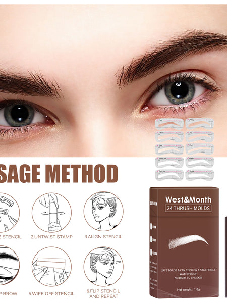 West&month 24 Thrush Molds, Lazy Brow Print Eyebrow Powder Set Durable Waterproof, Sweat Resistant, Makeup Free And Smudge