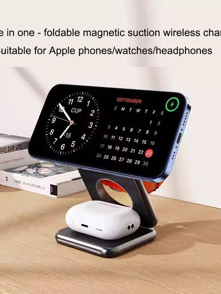 Three in one wireless charger with foldable magnetic suction suitable for iPhone wireless charging, phone holder desktop