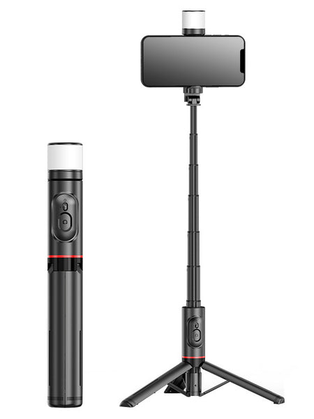 Mobile Phone Bluetooth Selfie Stick with Rotating Fill Light and Hidden Tripod Live Streaming Stand