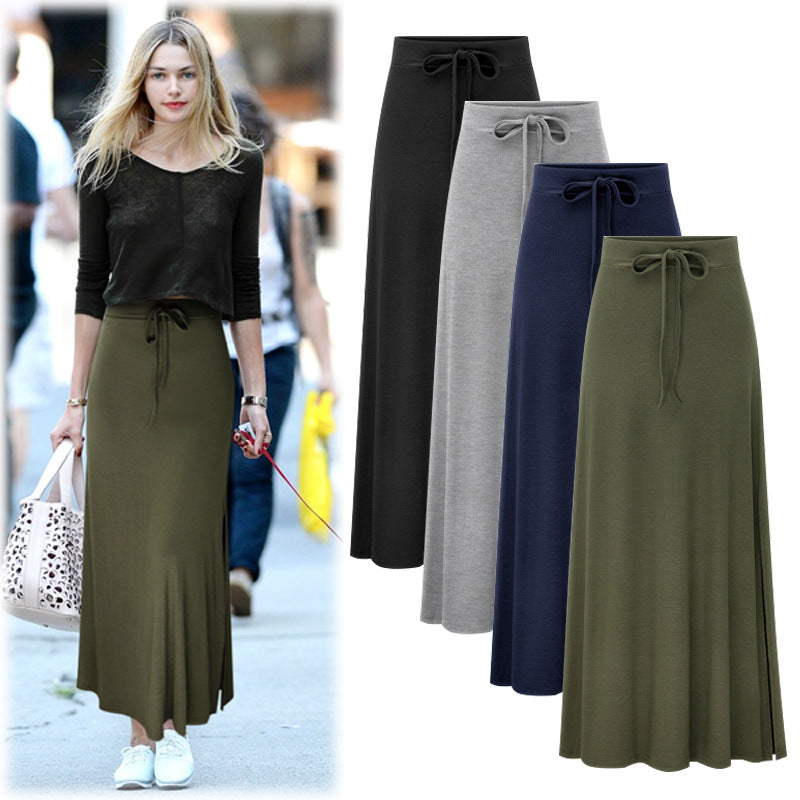 Large size women's fashionable knitted midi skirt weighing 200 pounds, high waist, mid length, slit A-line skirt, elastic over the knee