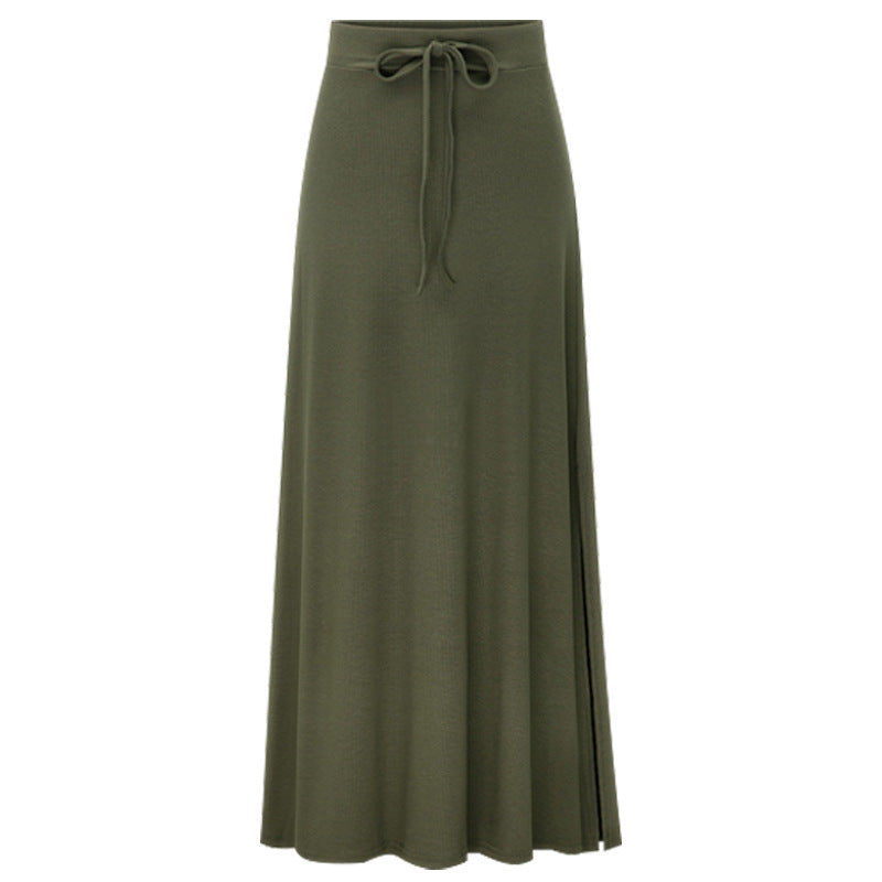 Large size women's fashionable knitted midi skirt weighing 200 pounds, high waist, mid length, slit A-line skirt, elastic over the knee