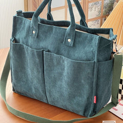 Autumn Winter Multi-Pocket Thick Corduroy Simple Commuter Tote Student Leisure Literary Handbag Shoulder Bag
