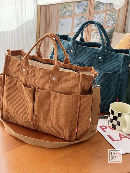 Autumn Winter Multi-Pocket Thick Corduroy Simple Commuter Tote Student Leisure Literary Handbag Shoulder Bag