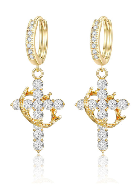 Rotating Crown Cross Earrings Set with Zircon