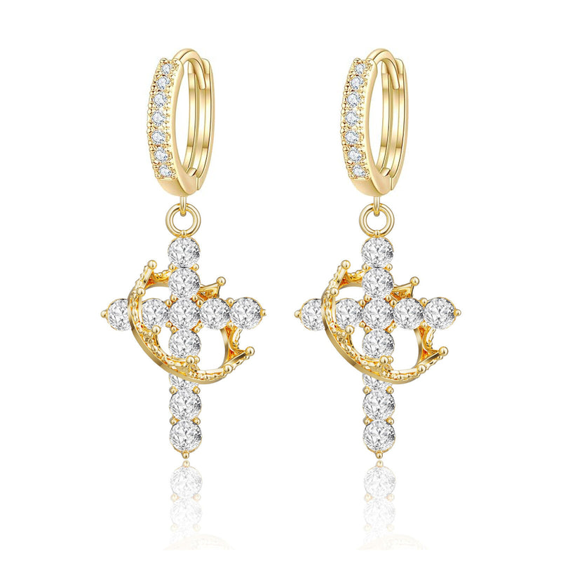 Rotating Crown Cross Earrings Set with Zircon