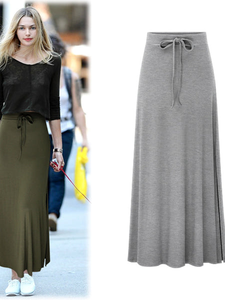 Large size women's fashionable knitted midi skirt weighing 200 pounds, high waist, mid length, slit A-line skirt, elastic over the knee