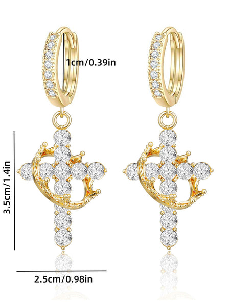 Rotating Crown Cross Earrings Set with Zircon
