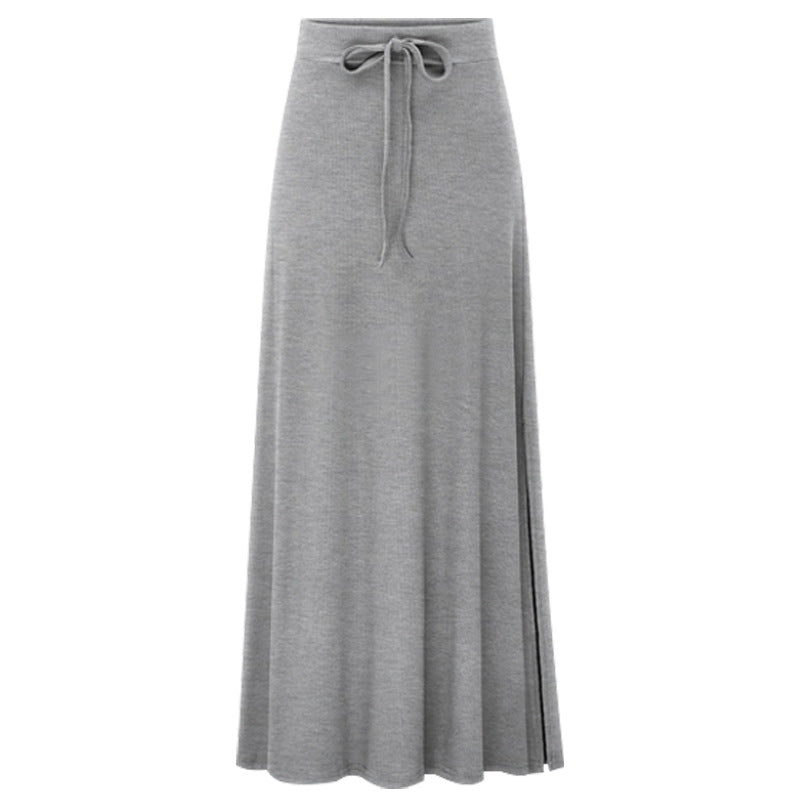 Large size women's fashionable knitted midi skirt weighing 200 pounds, high waist, mid length, slit A-line skirt, elastic over the knee