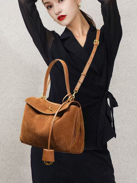 Vintage Autumn Winter Suede Matte Tote Bag, Elegant Shoulder Crossbody Kelly Bag for Women, Large Capacity Commuter Underarm Bag