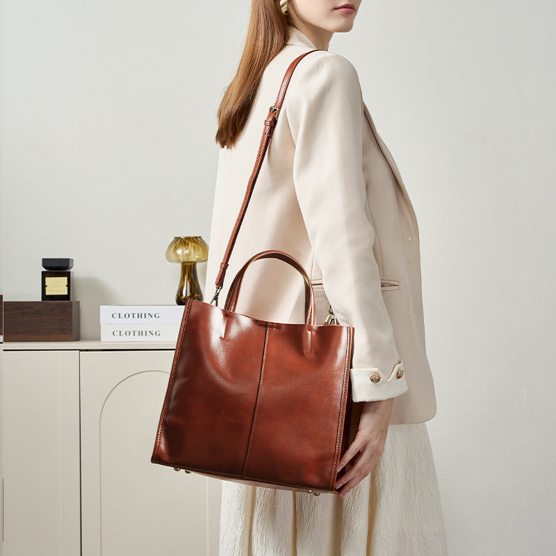 Leather Tote Bag for Women, Genuine First Layer Vegetable-Tanned Leather, Large Capacity, Fashionable and Versatile Handbag