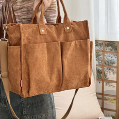 Autumn Winter Multi-Pocket Thick Corduroy Simple Commuter Tote Student Leisure Literary Handbag Shoulder Bag