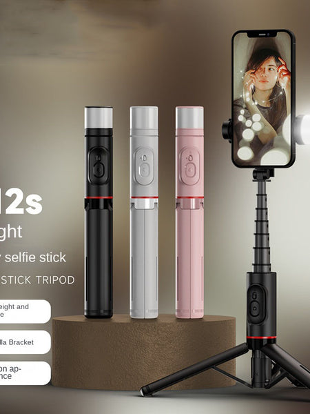 Mobile Phone Bluetooth Selfie Stick with Rotating Fill Light and Hidden Tripod Live Streaming Stand