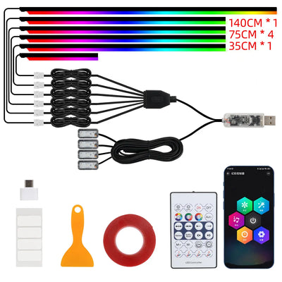 10 in 1 Car LED Acrylic Light Strip RGB Symphony Auto Interior Strip Lights Remote/APP Control Decorative Atmosphere Lamp
