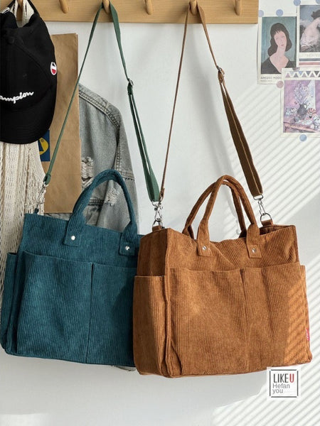 Autumn Winter Multi-Pocket Thick Corduroy Simple Commuter Tote Student Leisure Literary Handbag Shoulder Bag