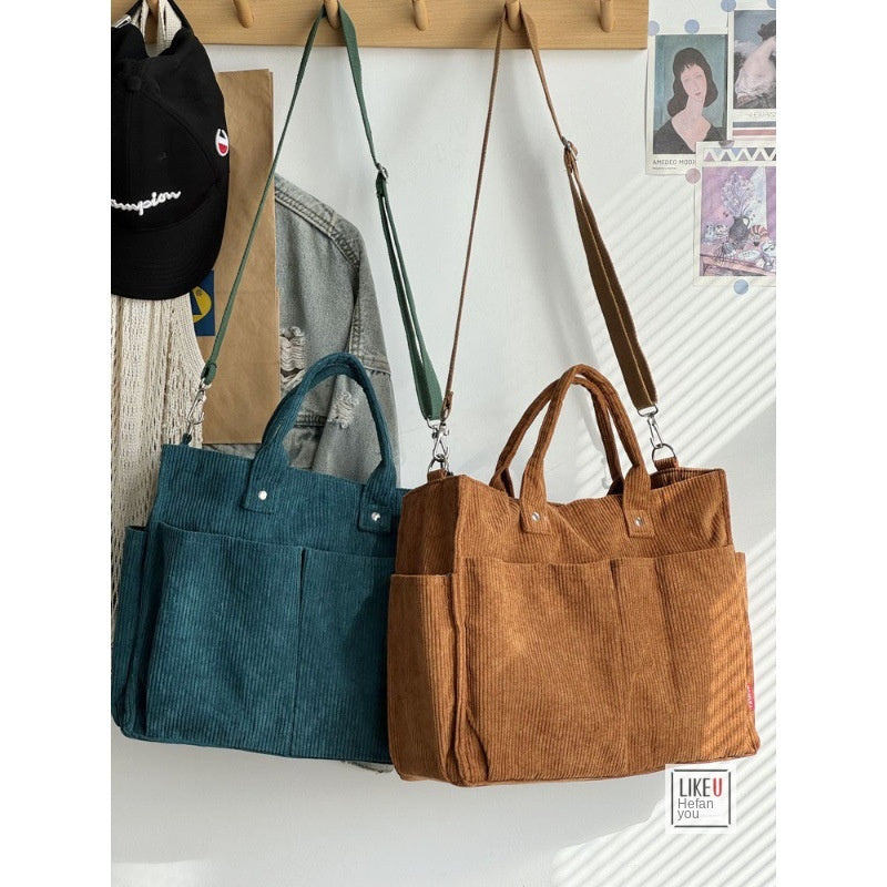 Autumn Winter Multi-Pocket Thick Corduroy Simple Commuter Tote Student Leisure Literary Handbag Shoulder Bag