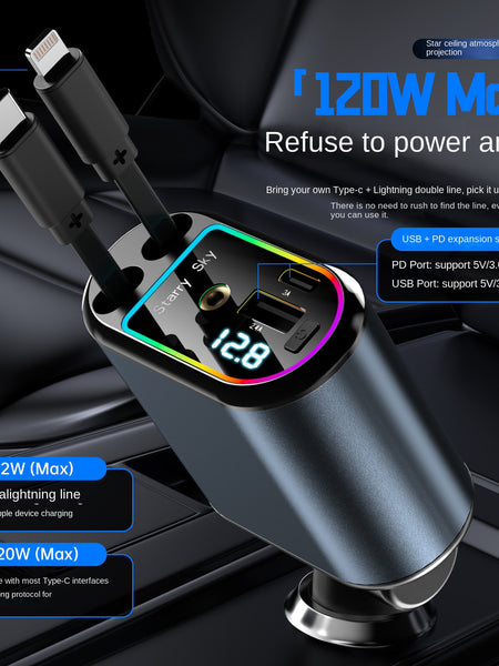 New C9 Starry Sky Fast Charging 120W Retractable Car Charger with 4-in-1 Multi-functional Digital Display