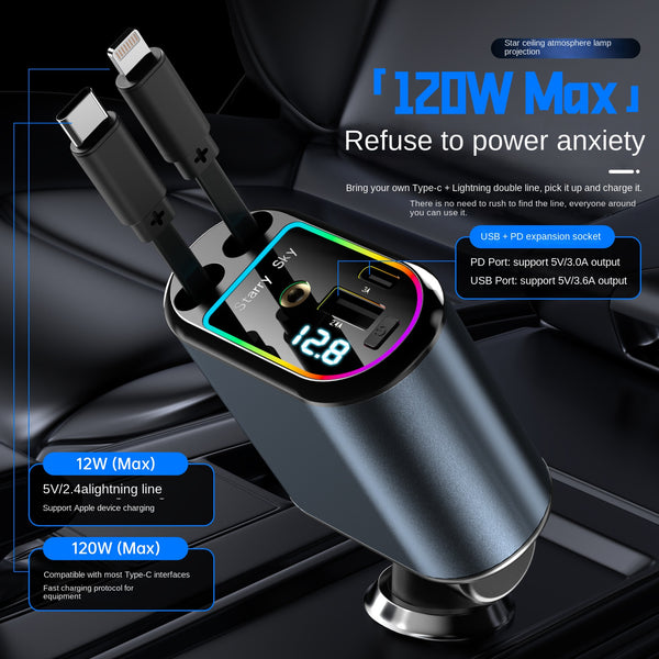 New C9 Starry Sky Fast Charging 120W Retractable Car Charger with 4-in-1 Multi-functional Digital Display