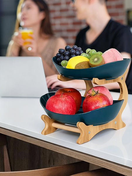 2-Tier Bamboo Fruit Stand for Kitchen, Space Saving Countertop Organizer with Ventilation to Keep Produce Fresh