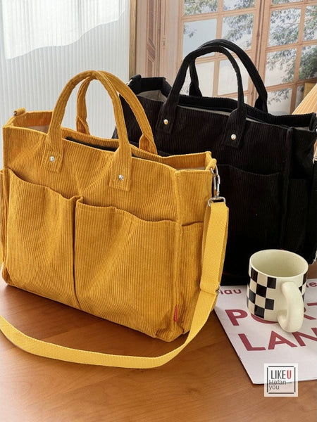 Autumn Winter Multi-Pocket Thick Corduroy Simple Commuter Tote Student Leisure Literary Handbag Shoulder Bag