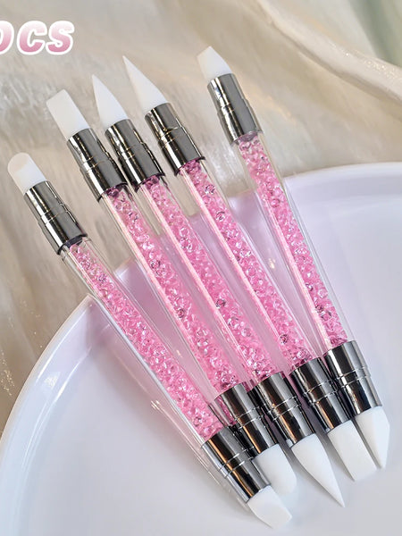 5pcs Pink Sculpture Dotting Pen Nail Art Silicone Brush Double-Head Carving Painting Modeling Sculpting Tool for Decal Embossing