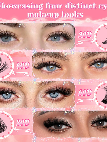 800PCS 30406080D Clusters Lashes Extension Kit, Length 9-16mm Natural Eyelashes,Cat eye,Bond and Seal,Tweezers,Brush,DIY At Home