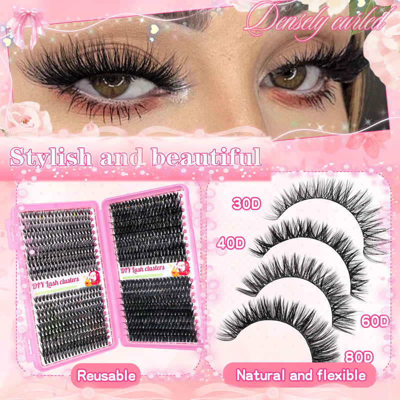 800PCS 30406080D Clusters Lashes Extension Kit, Length 9-16mm Natural Eyelashes,Cat eye,Bond and Seal,Tweezers,Brush,DIY At Home