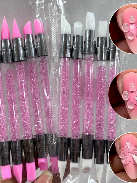 5pcs Pink Sculpture Dotting Pen Nail Art Silicone Brush Double-Head Carving Painting Modeling Sculpting Tool for Decal Embossing